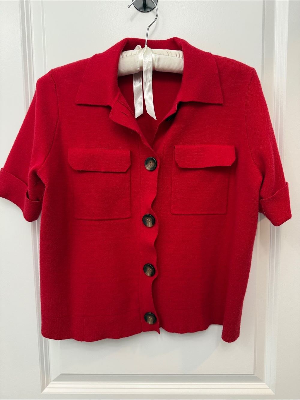 T Tahari Red Short-Sleeve Knit Sweater - Classic Button Front